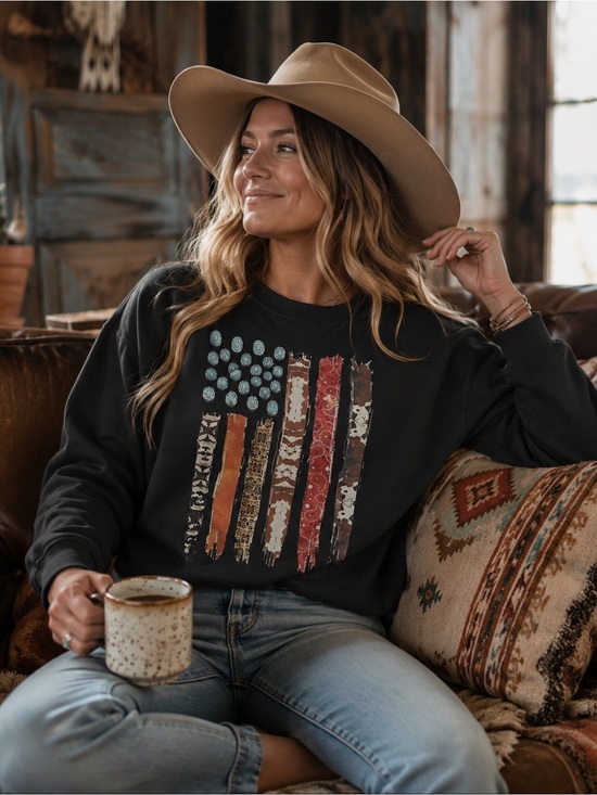 Tops - NIP Black Decorative Western Themed American Flag Long Sleeve Top Size XL P2P 24
